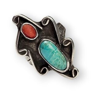 Navajo Coral Turquoise Sterling Ring Scalloped Wide 925 Silver Vtg Native 5.25